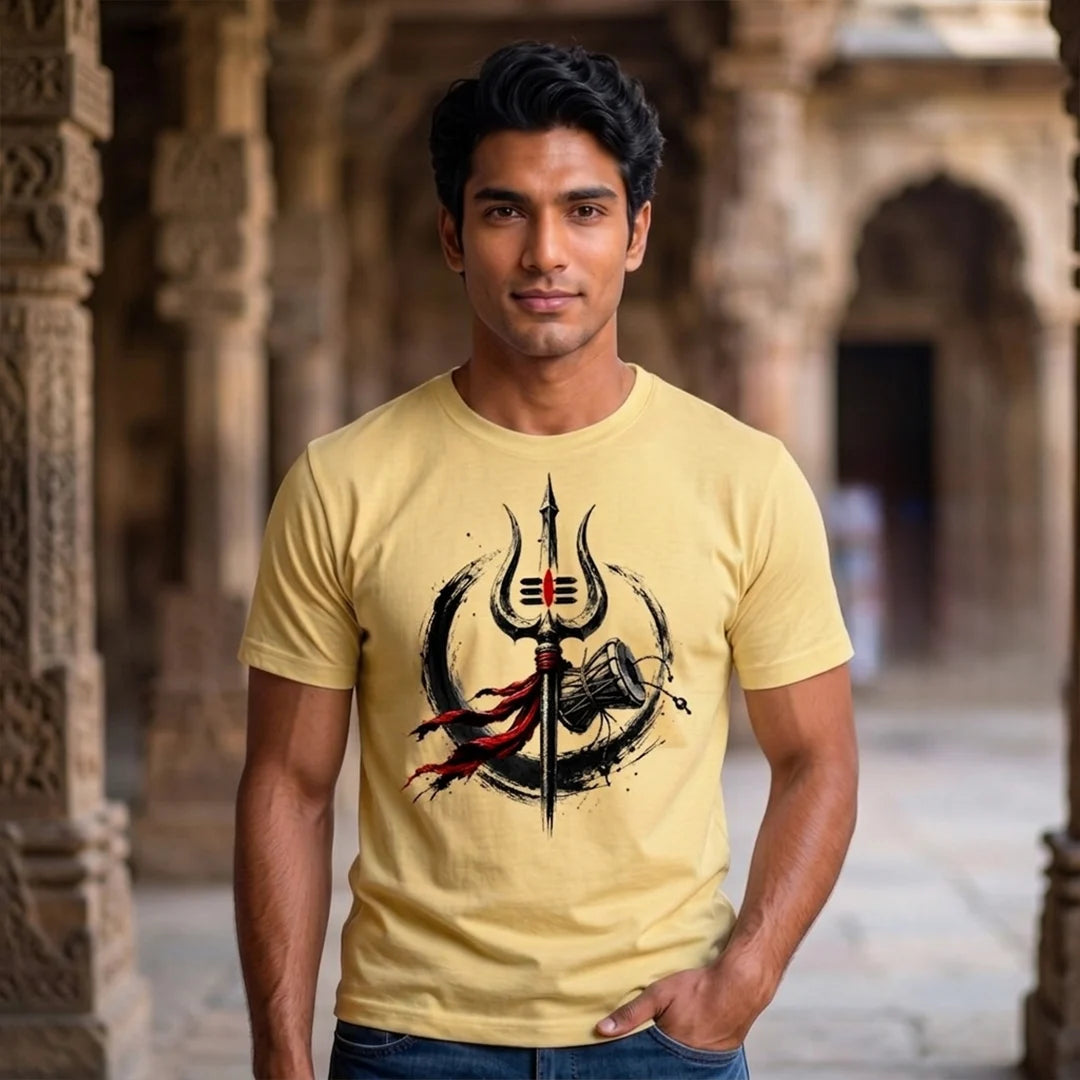 Men's Pure Cotton Regular Fit Mahadev Trishul Damru Graphic T-Shirt | 180 GSM Bio-Washed Spiritual Casual Tee