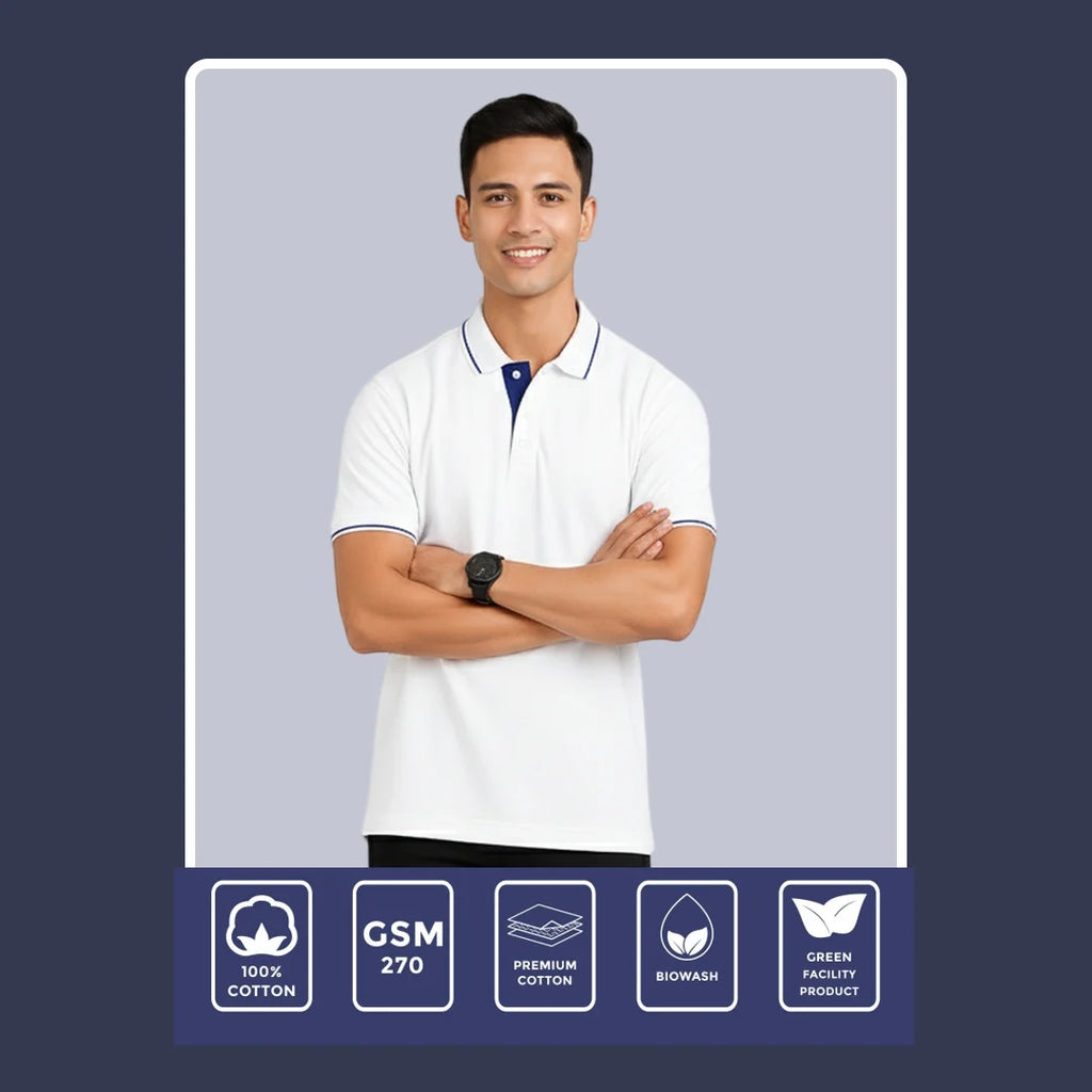 Men’s Premium Polo T-Shirt with Contrast Tipping | 270 GSM | Regular Fit Cotton Pique | Smart Casual & Office Wear