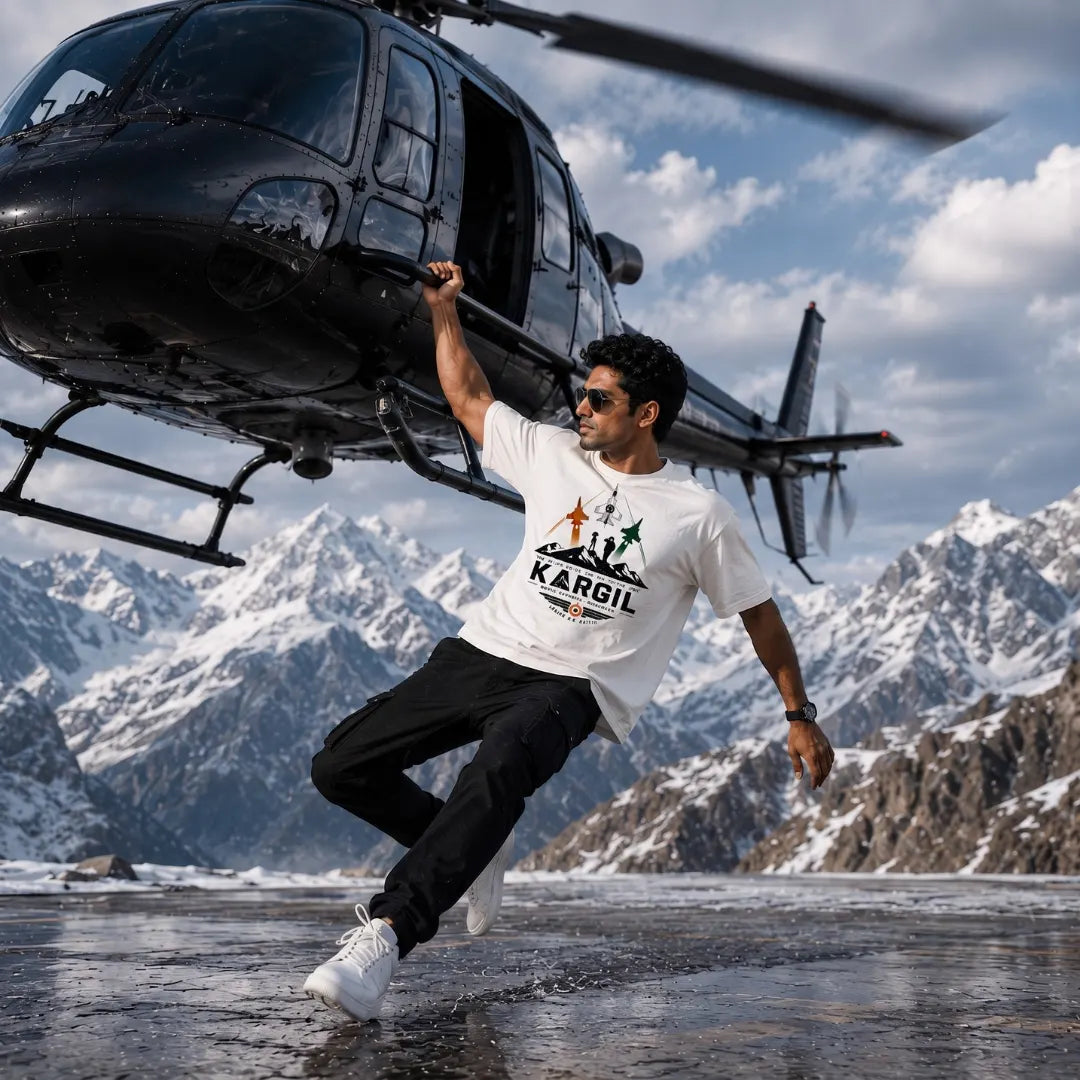 Men's Oversized Graphic T-Shirt - Kargil Indian Air Force Tribute, 240 GSM Pure Cotton, Bio-Washed