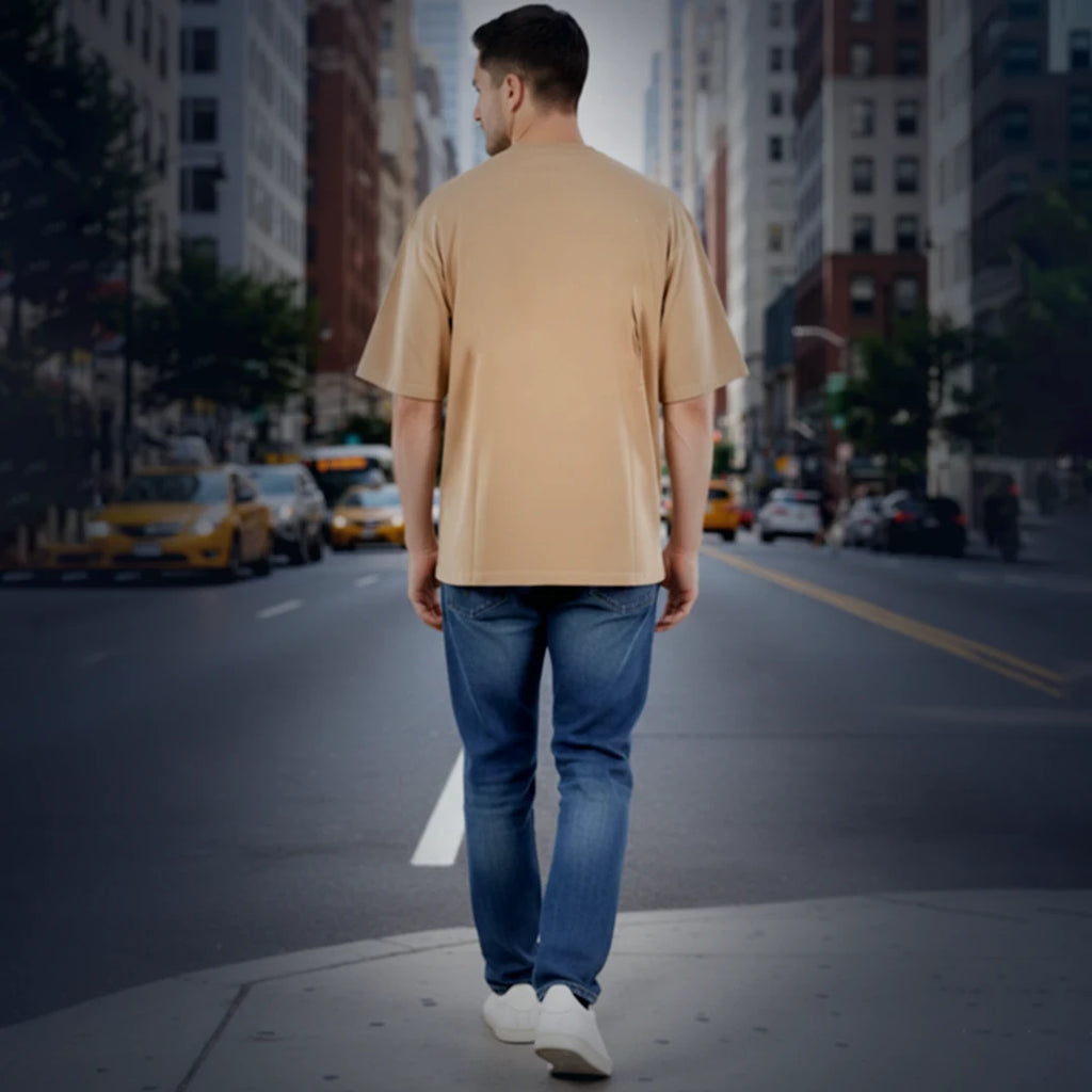 Men’s Premium Beige Oversized T-Shirt | 100% Rich Cotton | Trendy Drop-Shoulder Streetwear Tee