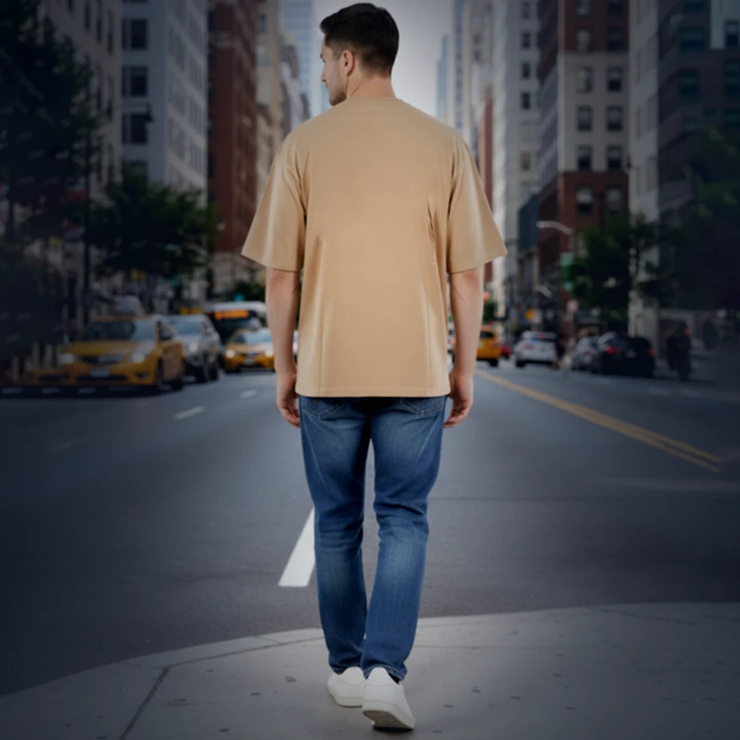 Men’s Premium Beige Oversized T-Shirt | 100% Rich Cotton | Trendy Drop-Shoulder Streetwear Tee