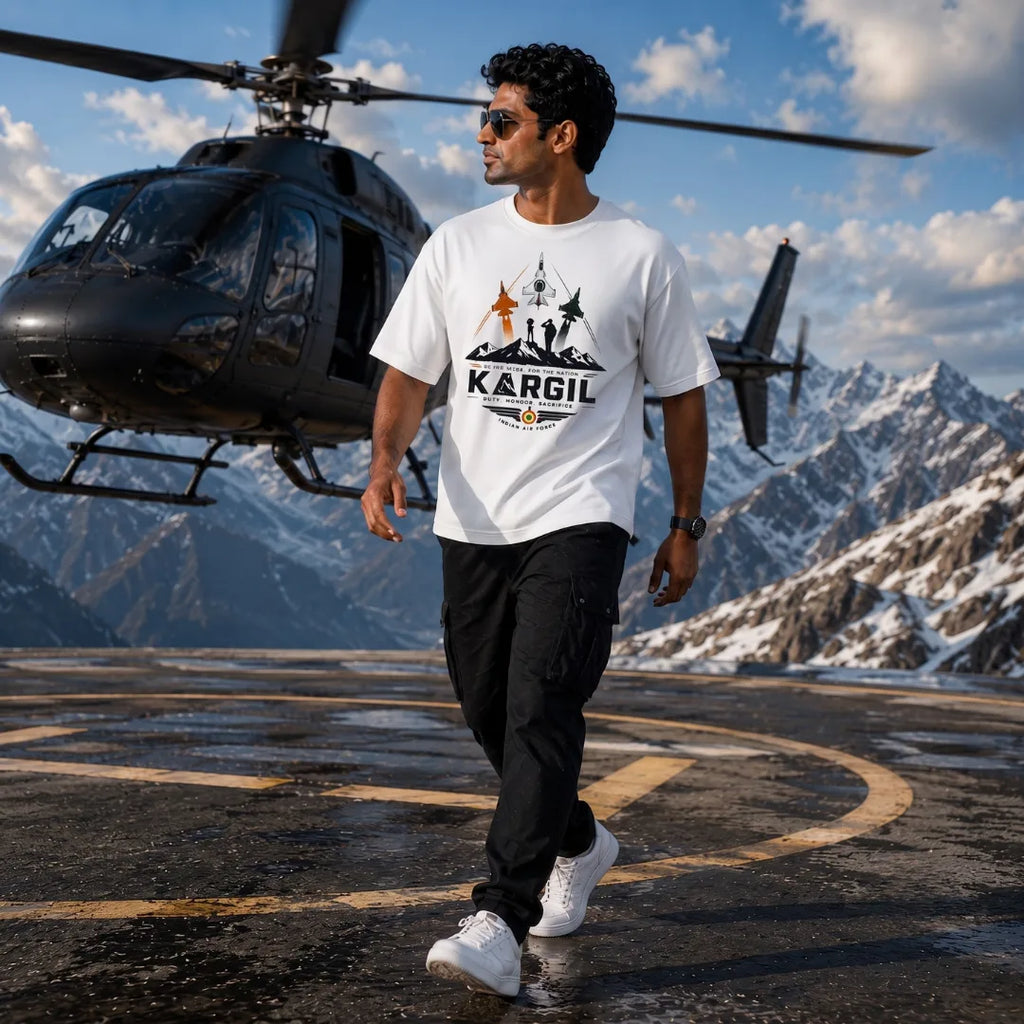 Men's Oversized Graphic T-Shirt - Kargil Indian Air Force Tribute, 240 GSM Pure Cotton, Bio-Washed