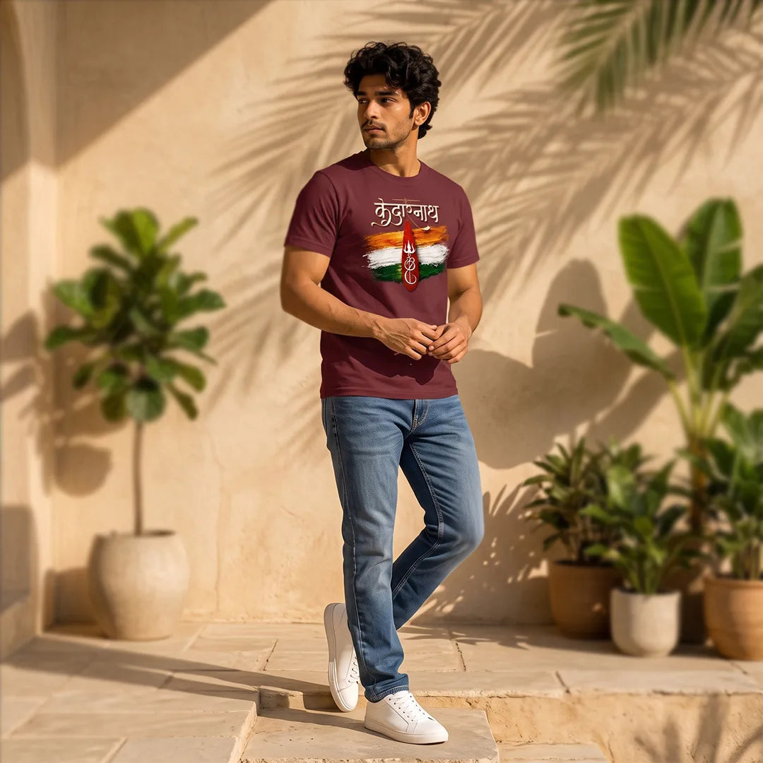 Men's Pure Cotton Regular Fit Kedarnath Tricolor Printed T-Shirt | 180 GSM Bio-Washed Spiritual Graphic Tee