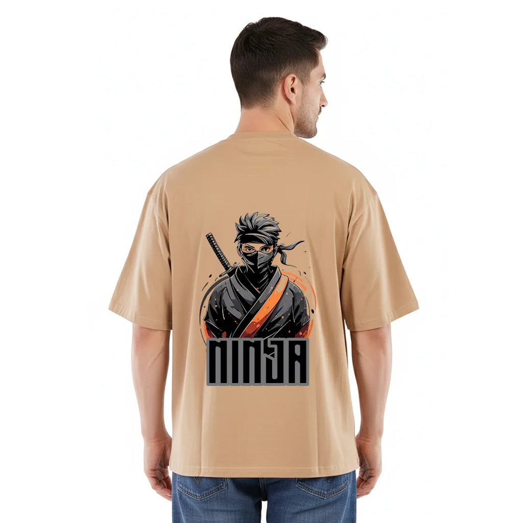 Men’s Ninja Warrior Graphic Oversized T-Shirt – Beige
