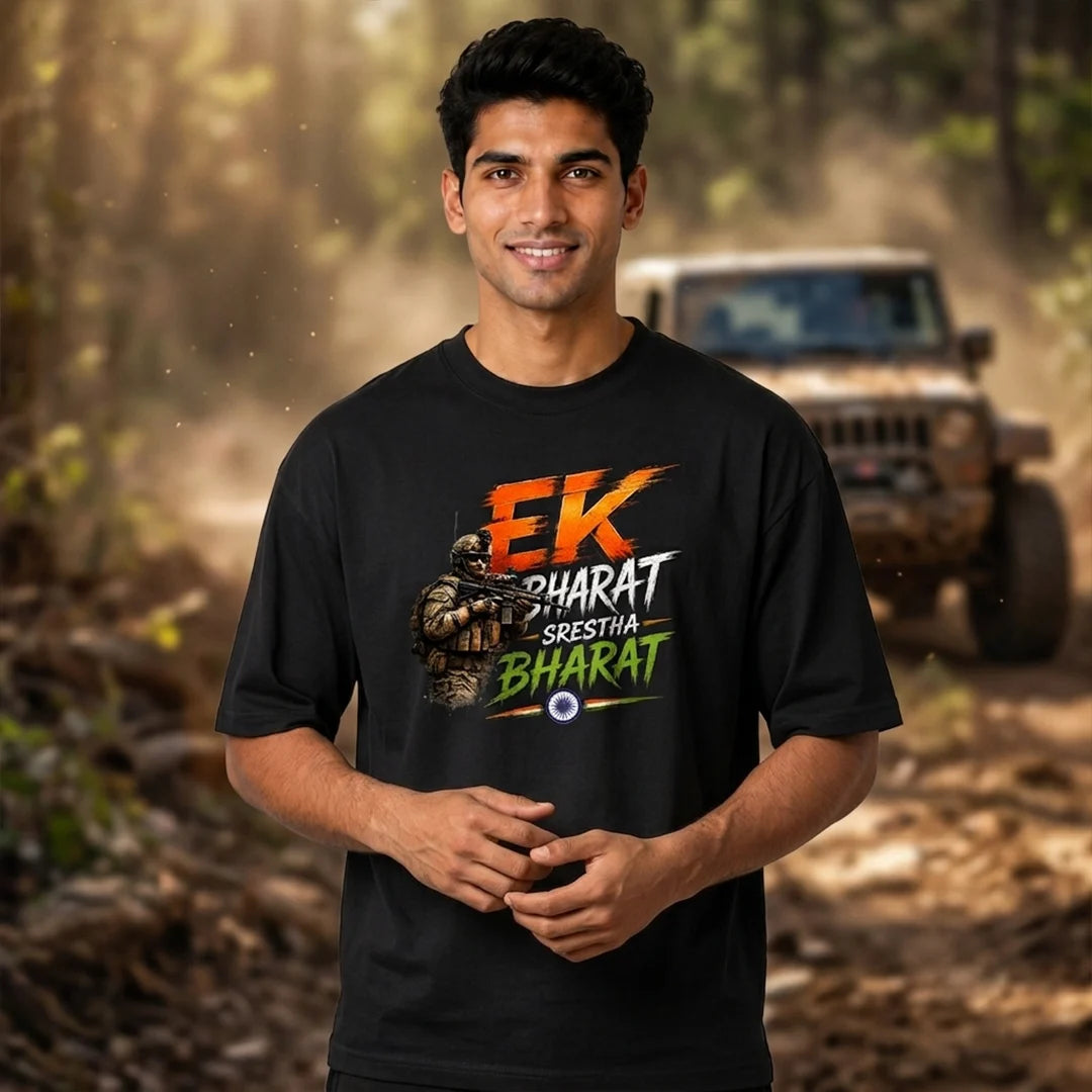 Men's "Ek Bharat Srestha Bharat" Oversized Graphic T-Shirt - 240 GSM Pure Cotton, Bio-Washed