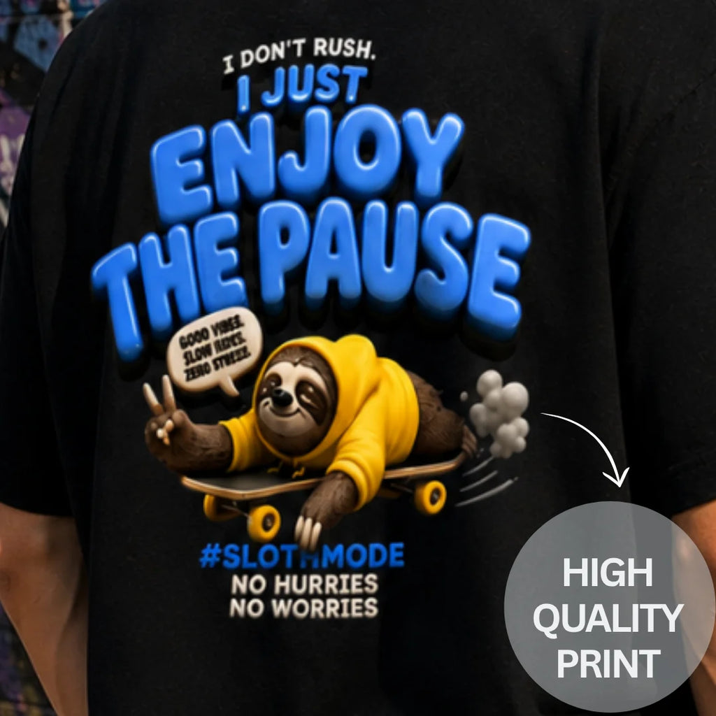 Excello Men's "Enjoy The Pause" Sloth Skateboard Graphic Oversized T-Shirt - 240 GSM Pure Cotton, Bio-Washed