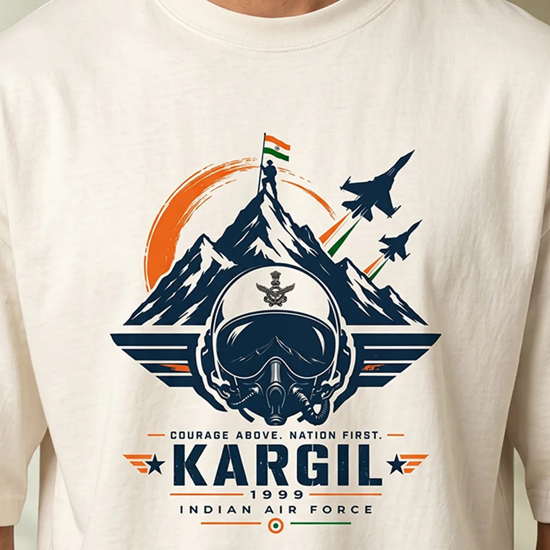 Men's Oversized Graphic T-Shirt - Kargil 1999 Indian Air Force Tribute, 240 GSM Pure Cotton, Bio-Washed