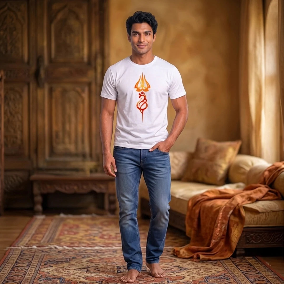 Men's Pure Cotton Regular Fit Mahadev Trishul Om Printed T-Shirt | 180 GSM Bio-Washed Spiritual Graphic Tee