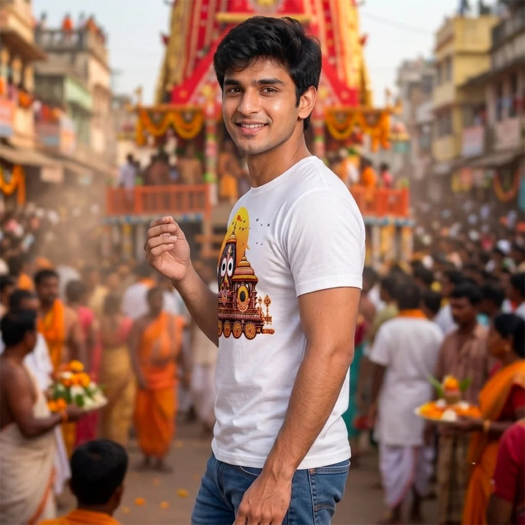 Premium Men's Pure Cotton Lord Jagannath Face & Rath Yatra Chariot Graphic T-Shirt