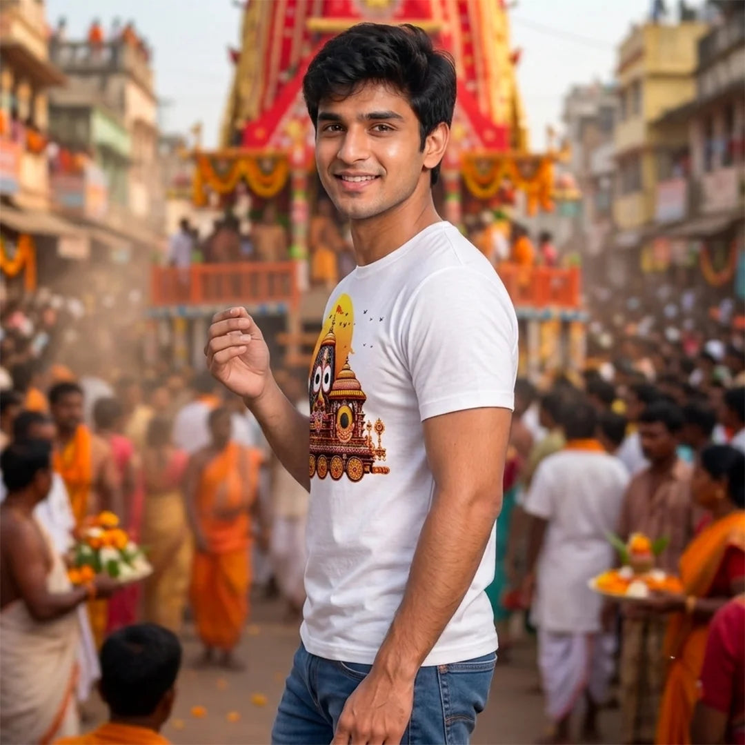 Premium Men's Pure Cotton Lord Jagannath Face & Rath Yatra Chariot Graphic T-Shirt