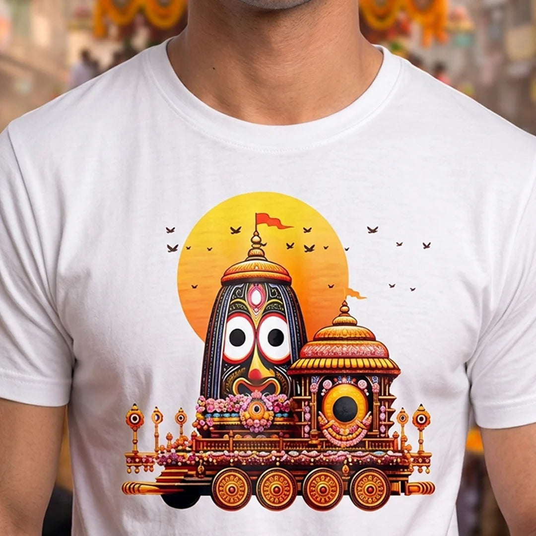 Premium Men's Pure Cotton Lord Jagannath Face & Rath Yatra Chariot Graphic T-Shirt