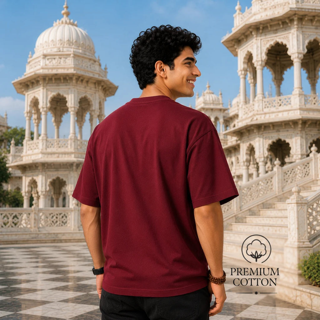 Excello Men's Divine Radha Krishna Lotus Graphic Oversized T-Shirt - 240 GSM Pure Cotton, Bio-Washed