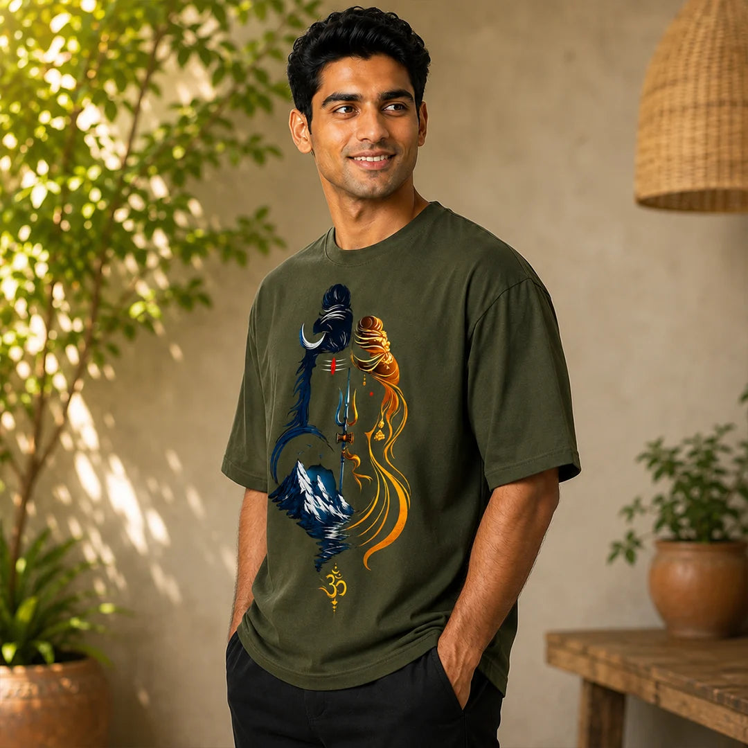 Men's Divine Ardhanareshvara Oversized Graphic T-Shirt - 240 GSM Pure Cotton, Bio-Washed