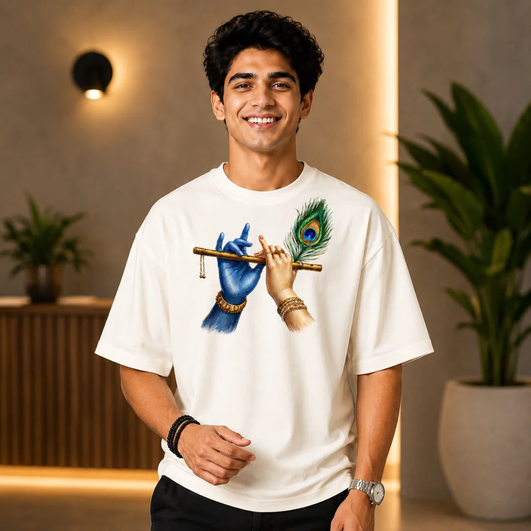 Excello Men's Divine Krishna Flute Graphic Oversized T-Shirt - 240 GSM Pure Cotton, Bio-Washed