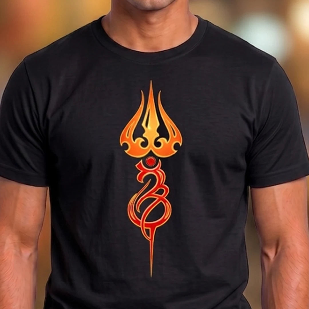 Men's Pure Cotton Regular Fit Mahadev Trishul Om Printed T-Shirt | 180 GSM Bio-Washed Spiritual Graphic Tee
