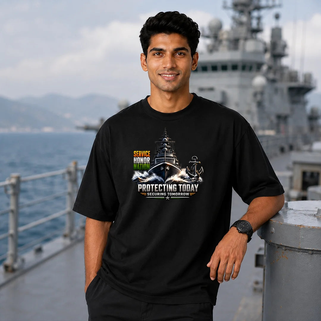 Indian Navy Warship Graphic Oversized T-Shirt - 240 GSM Pure Cotton
