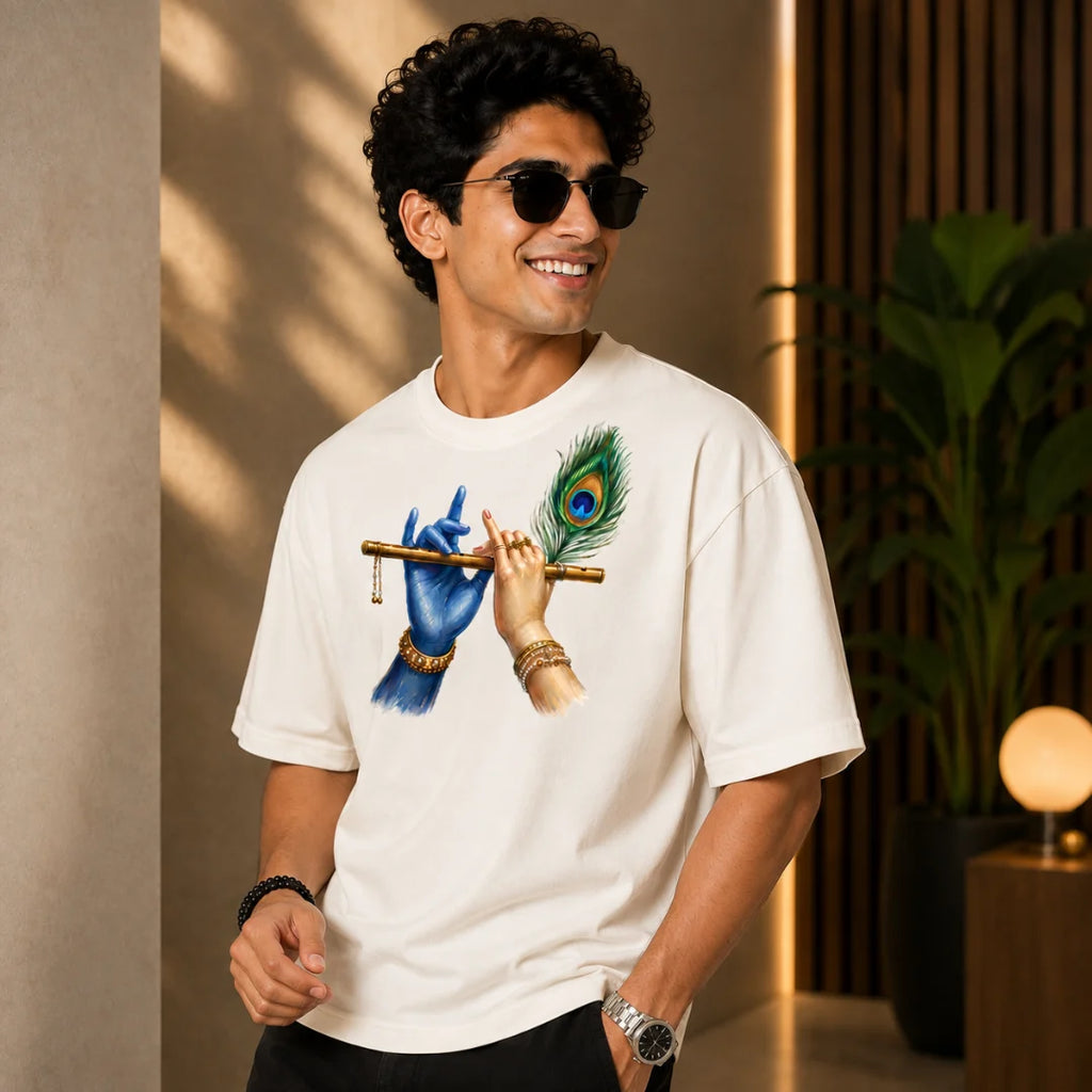 Excello Men's Divine Krishna Flute Graphic Oversized T-Shirt - 240 GSM Pure Cotton, Bio-Washed