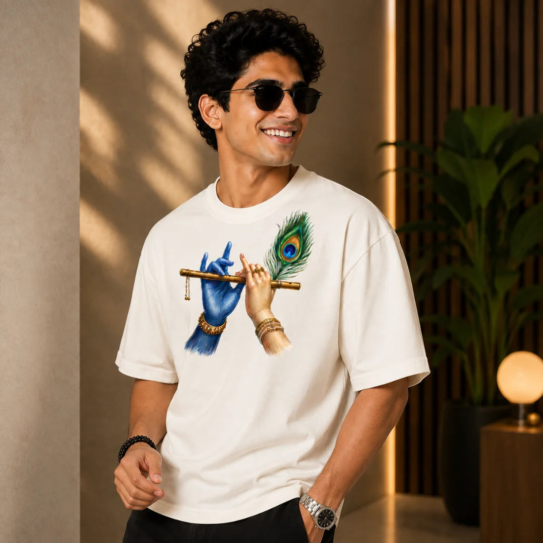 Excello Men's Divine Krishna Flute Graphic Oversized T-Shirt - 240 GSM Pure Cotton, Bio-Washed