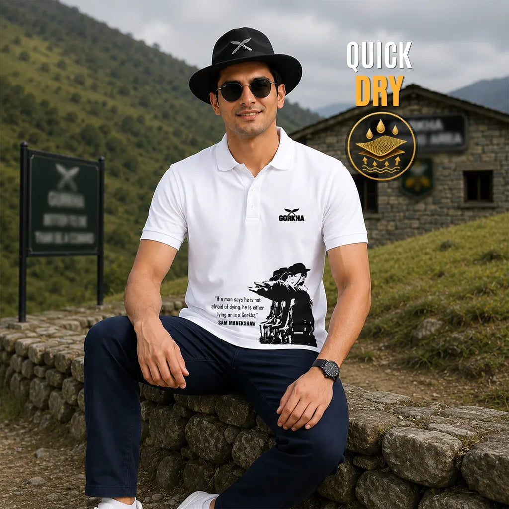 Men's Premium Gorkha Graphic Polo T-Shirt - Sam Manekshaw DTF Print, 210 GSM Nano Poly