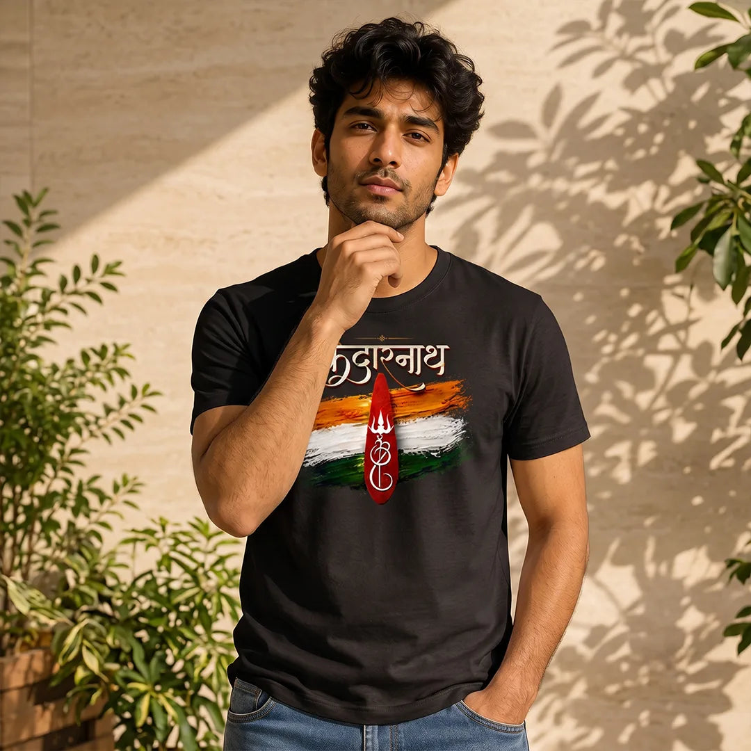 Men's Pure Cotton Regular Fit Kedarnath Tricolor Printed T-Shirt | 180 GSM Bio-Washed Spiritual Graphic Tee