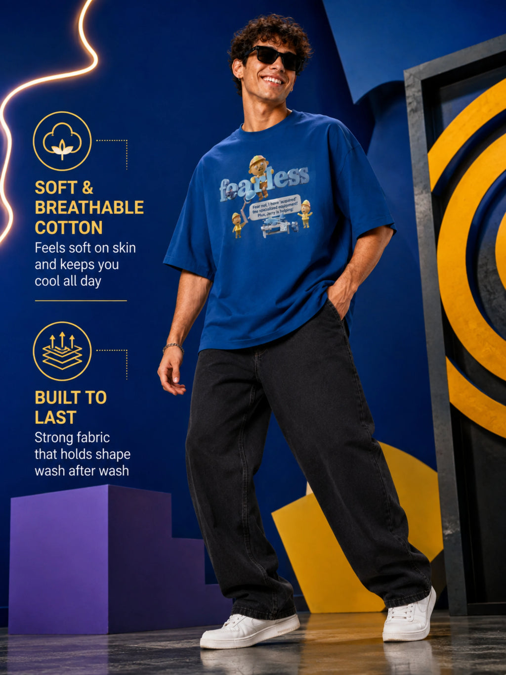 Excello Men's Oversized Graphic T-Shirt - 240 GSM Pure Cotton, Biowashed Drop Shoulder Tee