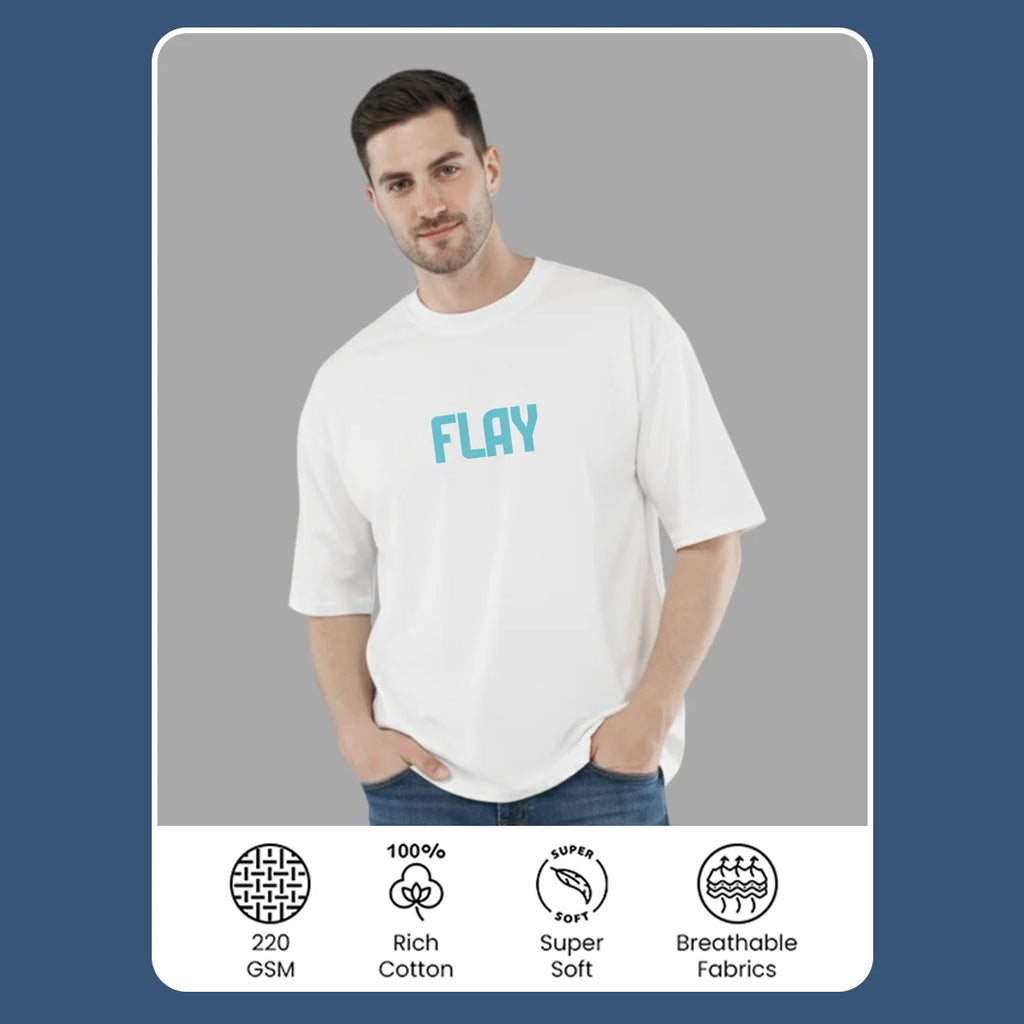 FLAY Men's Premium Oversized Graphic T-Shirt – 100% Rich Cotton, 220 GSM Heavyweight White Tee with Bird Back Print