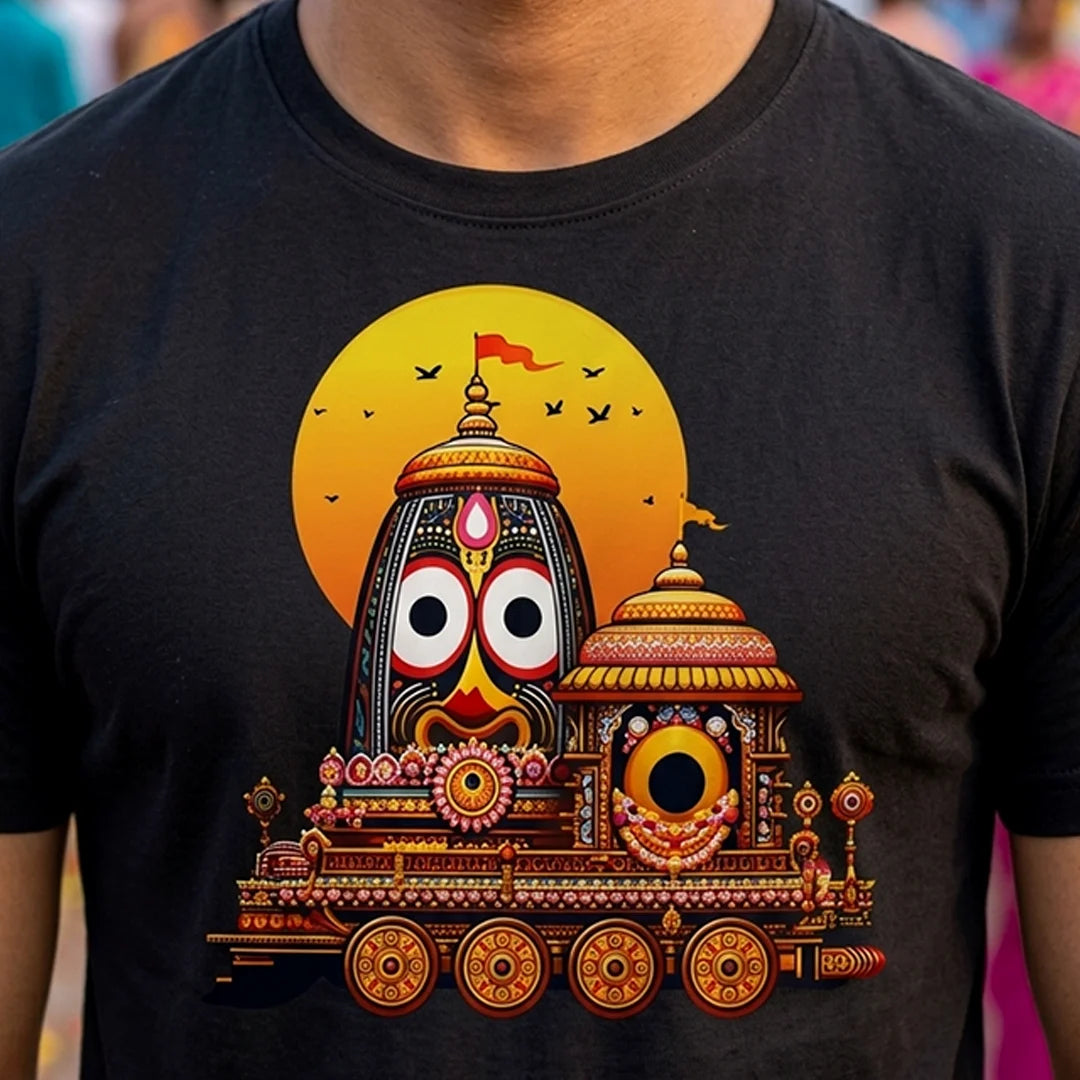 Premium Men's Pure Cotton Lord Jagannath Face & Rath Yatra Chariot Graphic T-Shirt