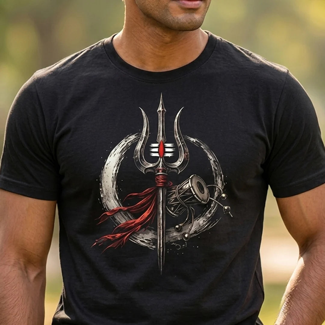 Men's Pure Cotton Regular Fit Mahadev Trishul Damru Graphic T-Shirt | 180 GSM Bio-Washed Spiritual Casual Tee