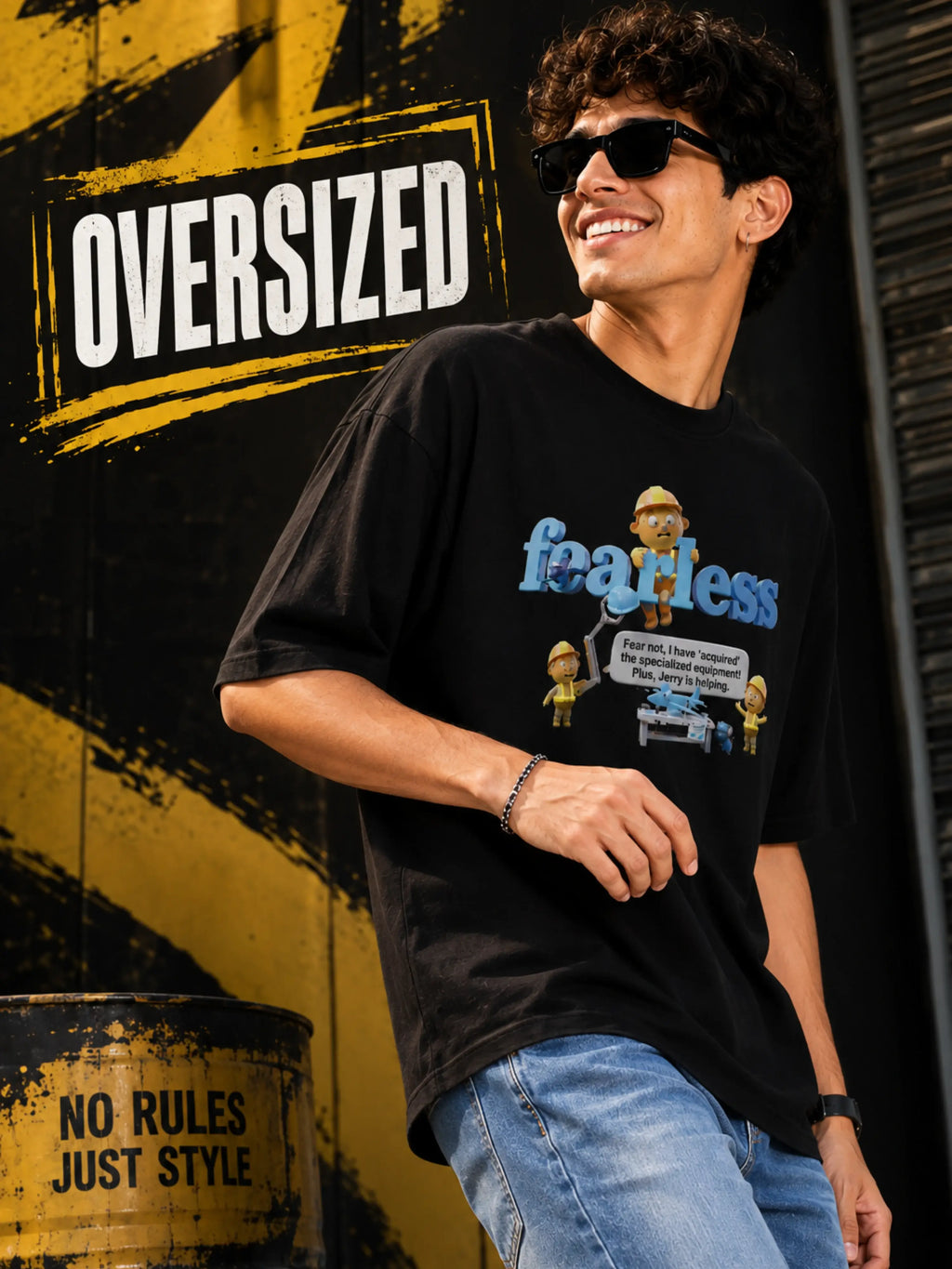 Excello Men's Oversized Graphic T-Shirt - 240 GSM Pure Cotton, Biowashed Drop Shoulder Tee