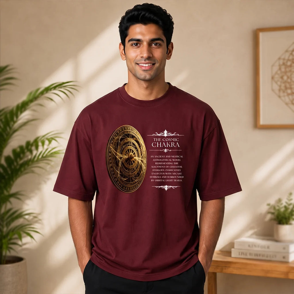 Men's Oversized Graphic T-Shirt - The Cosmic Chakra Mystical Print, 240 GSM Pure Cotton, Bio-Washed