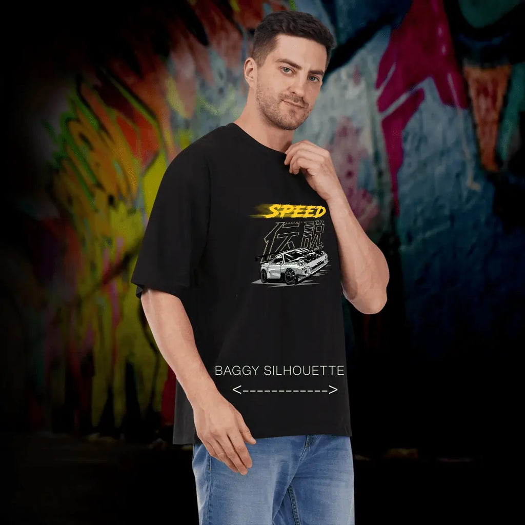 Oversized Black T-Shirt for Men with Speed Car Print