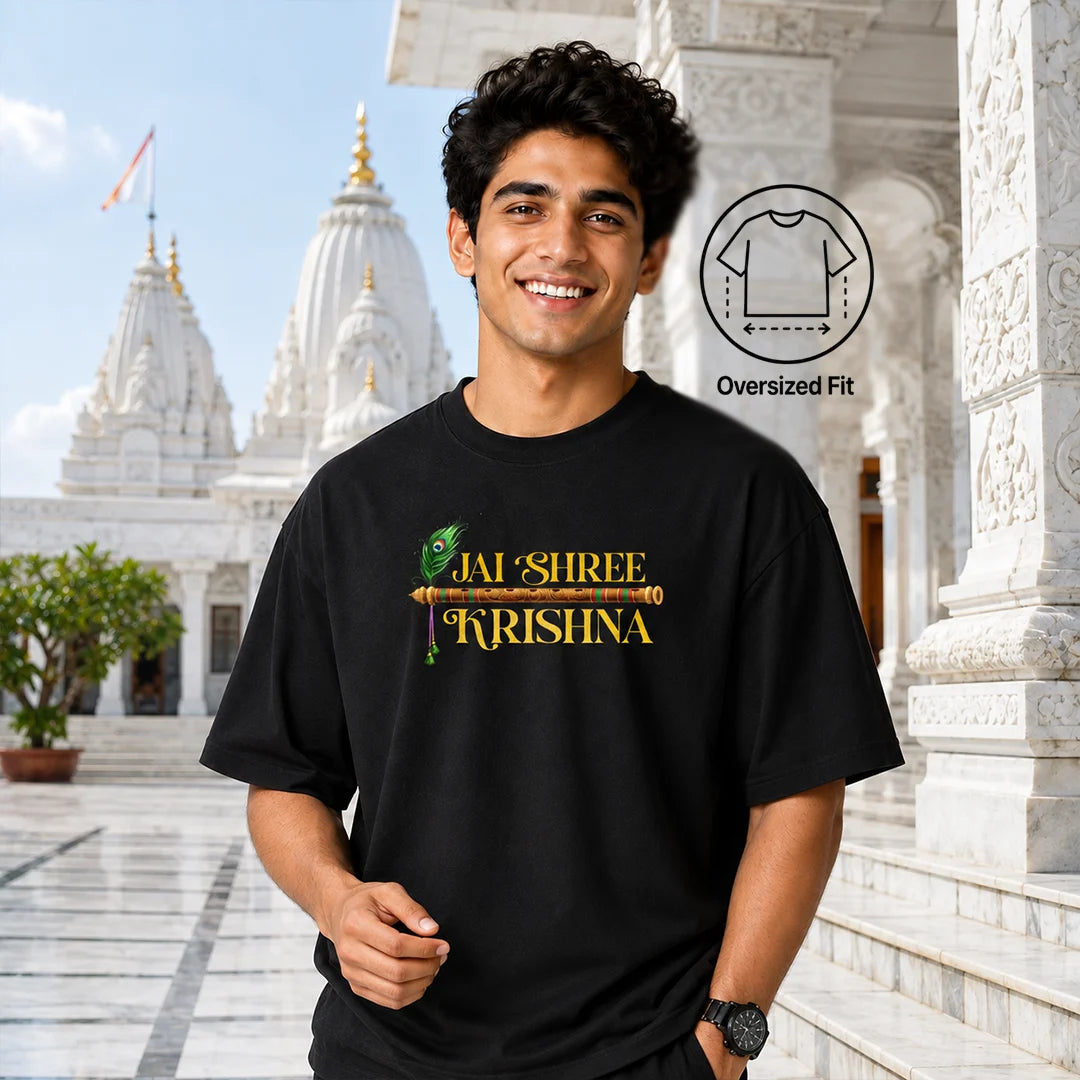 Excello Men's Jai Shree Krishna Divine Graphic Oversized T-Shirt - 240 GSM Pure Cotton, Bio-Washed