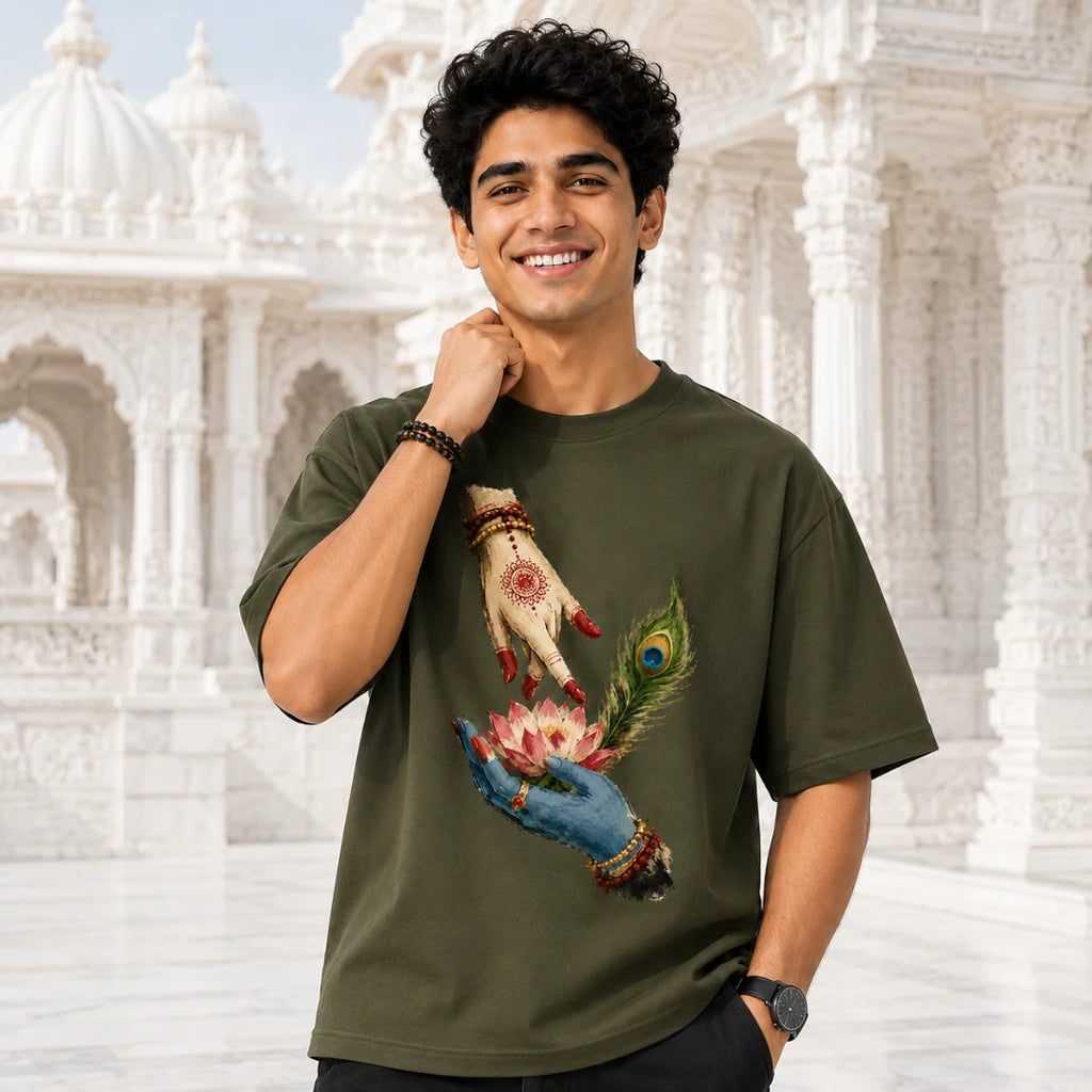 Excello Men's Divine Radha Krishna Lotus Graphic Oversized T-Shirt - 240 GSM Pure Cotton, Bio-Washed