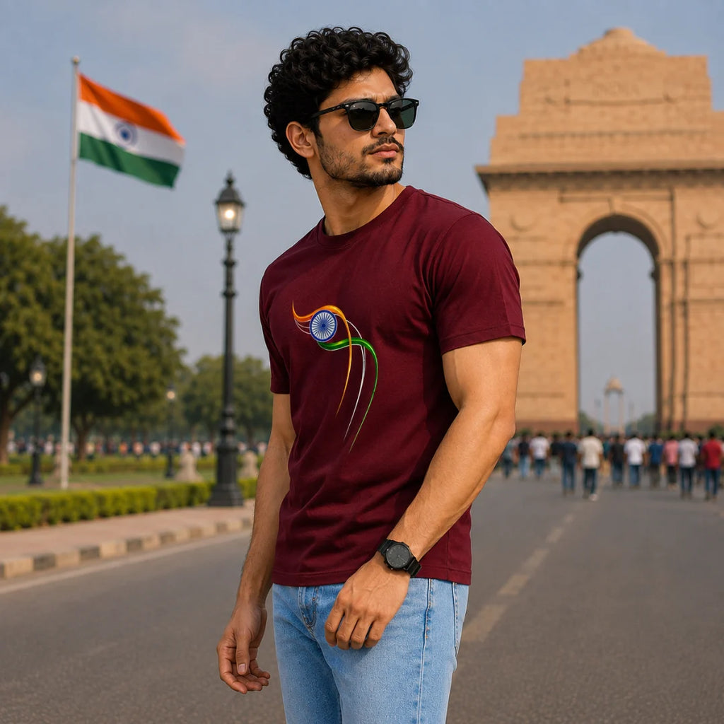 Excello Men's Patriotic Ashoka Chakra Graphic T-Shirt | 180 GSM Pure Cotton | Double Bio-Washed | Premium DTF Print
