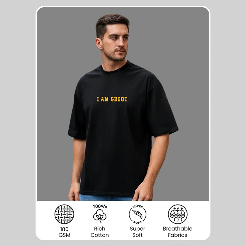 Men's Premium "I Am Groot" Oversized T-Shirt – 100% Rich Cotton, Heavyweight 180 GSM, Black Streetwear Tee