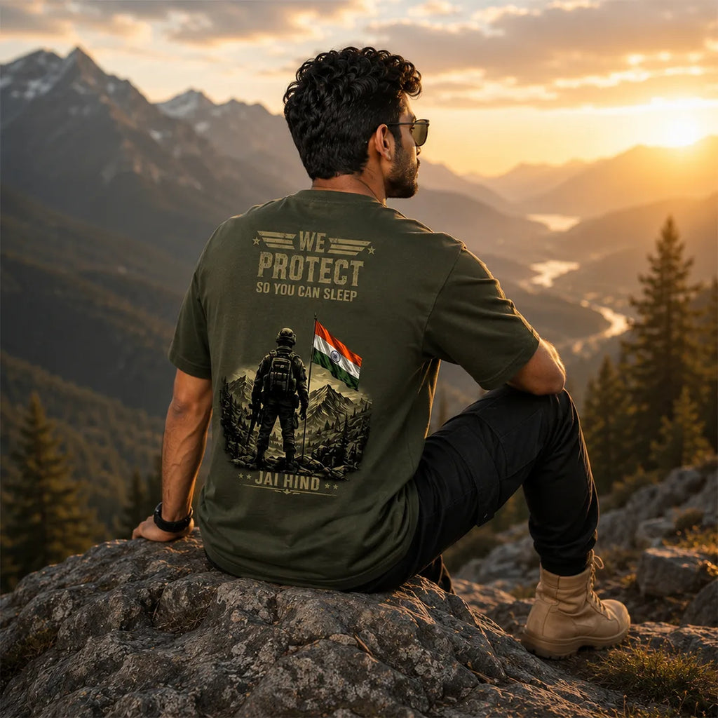 Men's Oversized Graphic T-Shirt - "Jai Hind" Military Tribute, 240 GSM Pure Cotton, Bio-Washed