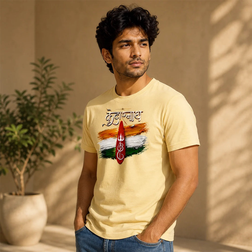 Men's Pure Cotton Regular Fit Kedarnath Tricolor Printed T-Shirt | 180 GSM Bio-Washed Spiritual Graphic Tee