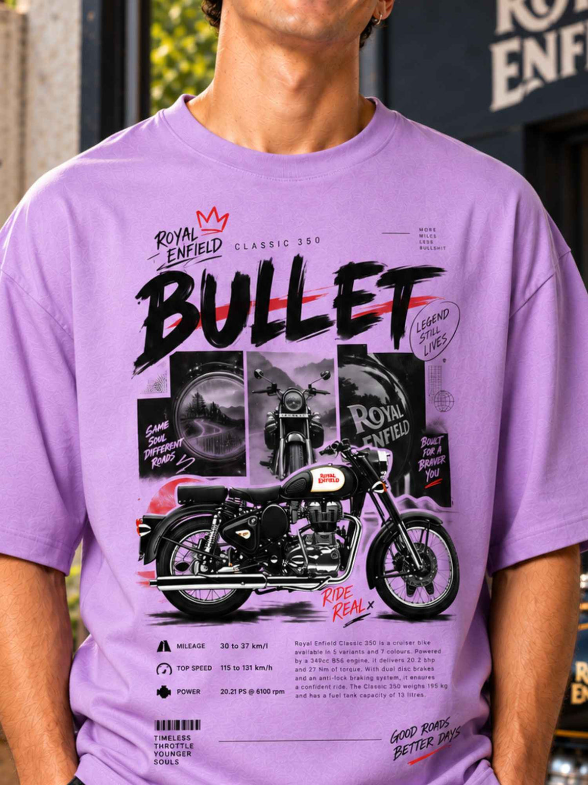 Excello Men's Royal Enfield Bullet 350 Graphic Oversized T-Shirt | Lavender