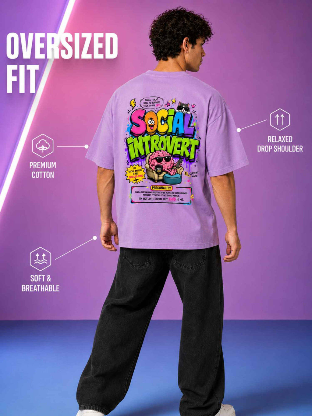 Excello Men's 'Social Introvert' Graphic Oversized T-Shirt | Lavender