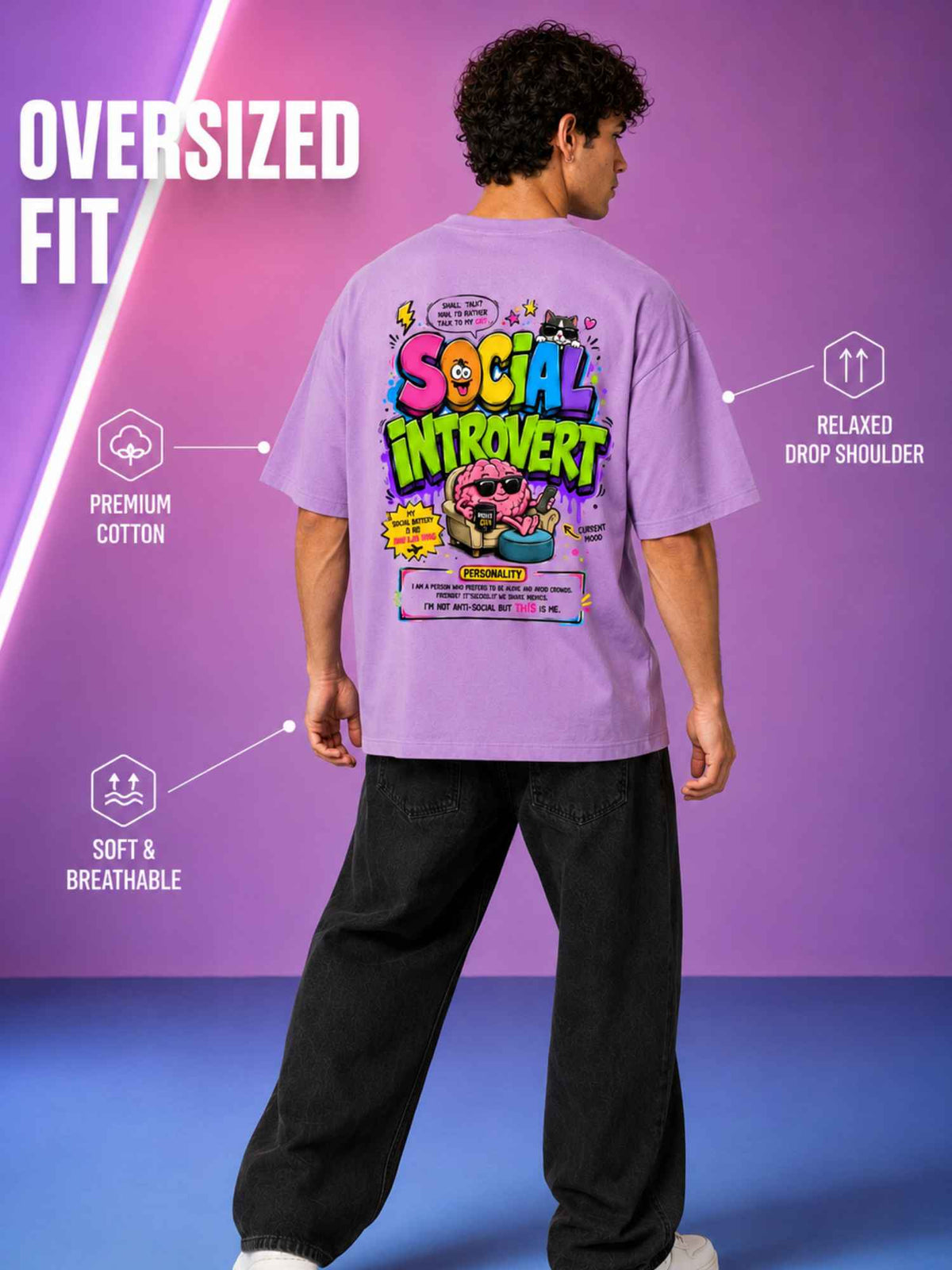 Excello Men's 'Social Introvert' Graphic Oversized T-Shirt | Lavender