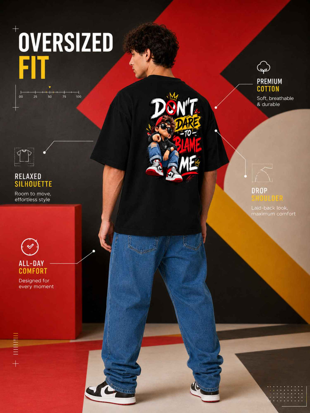 Excello Men's 'Don't Dare To Blame Me' Graphic Oversized T-Shirt | Black