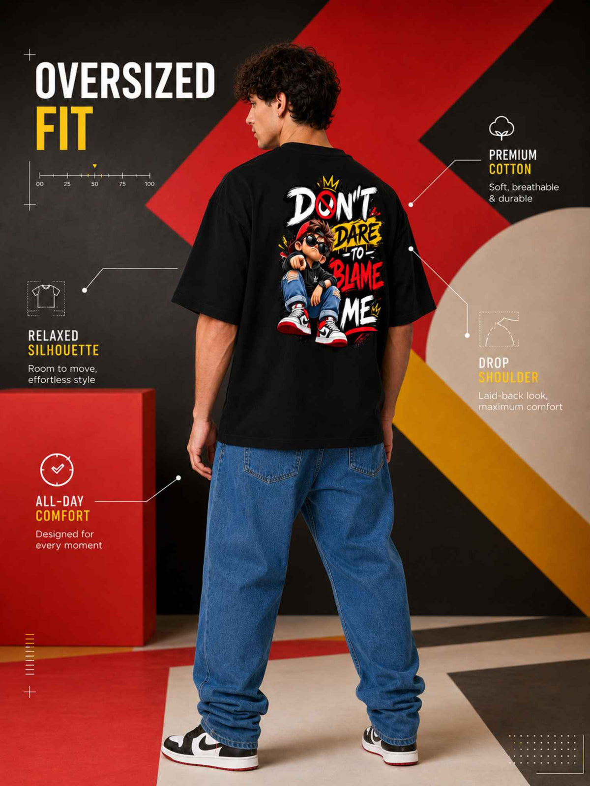 Excello Men's 'Don't Dare To Blame Me' Graphic Oversized T-Shirt | Black