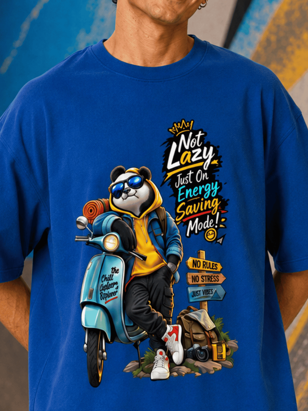 Excello Men's 'Not Lazy' Panda Graphic Oversized T-Shirt | Air Force Blue