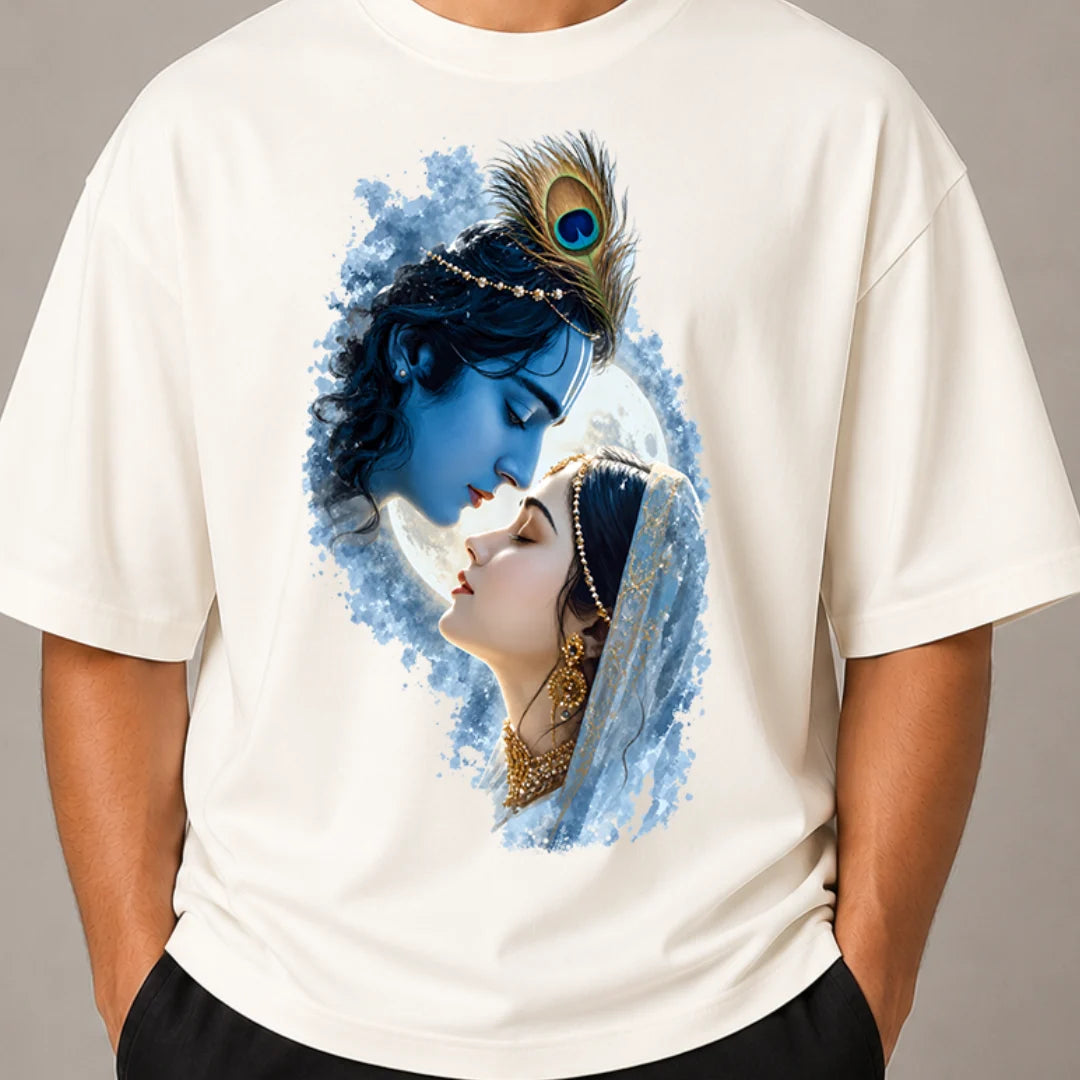 Excello Men's Divine Radha Krishna Graphic Oversized T-Shirt - 240 GSM Pure Cotton, Bio-Washed