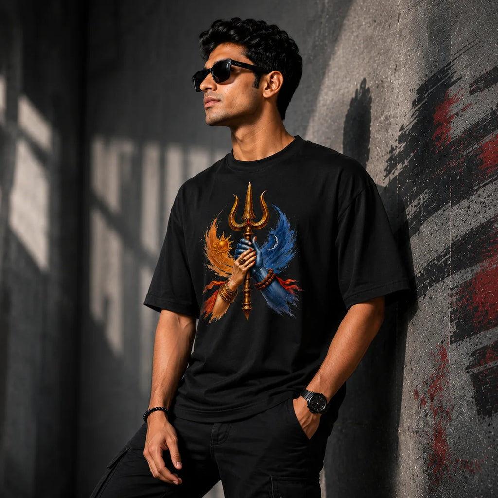 Excello Men's Shiva Shakti Trishul Graphic Oversized T-Shirt - 240 GSM Pure Cotton, Bio-Washed
