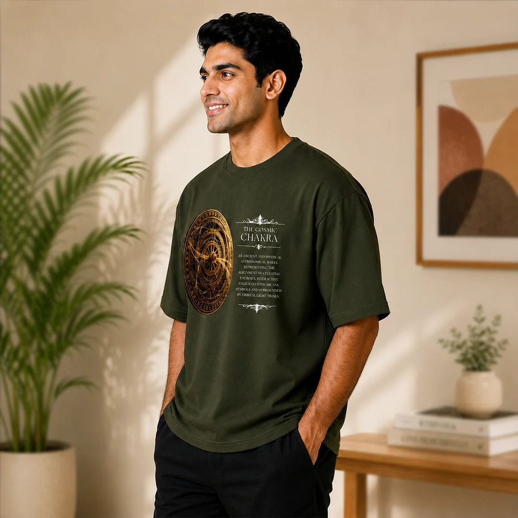 Men's Oversized Graphic T-Shirt - The Cosmic Chakra Mystical Print, 240 GSM Pure Cotton, Bio-Washed