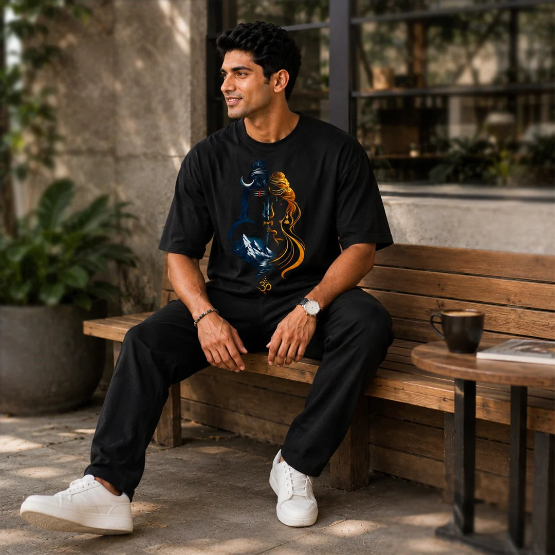 Men's Divine Ardhanareshvara Oversized Graphic T-Shirt - 240 GSM Pure Cotton, Bio-Washed