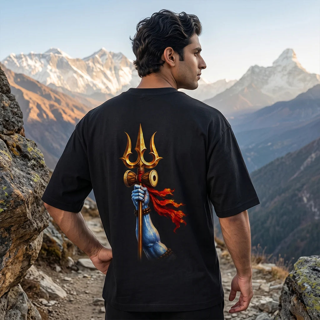 Men's Pure Cotton Oversized Printed T-Shirt | Lord Shiva Mahadev Trishul Graphic Print Drop Shoulder Loose Fit Crew Neck Tee