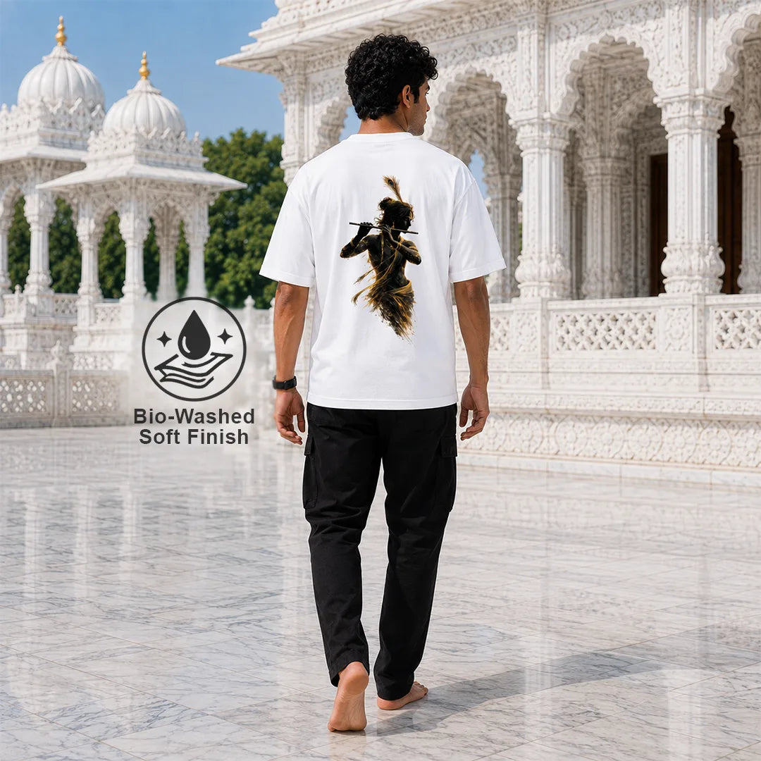 Excello Men's Divine Krishna Silhouette Graphic Oversized T-Shirt - 240 GSM Pure Cotton, Bio-Washed