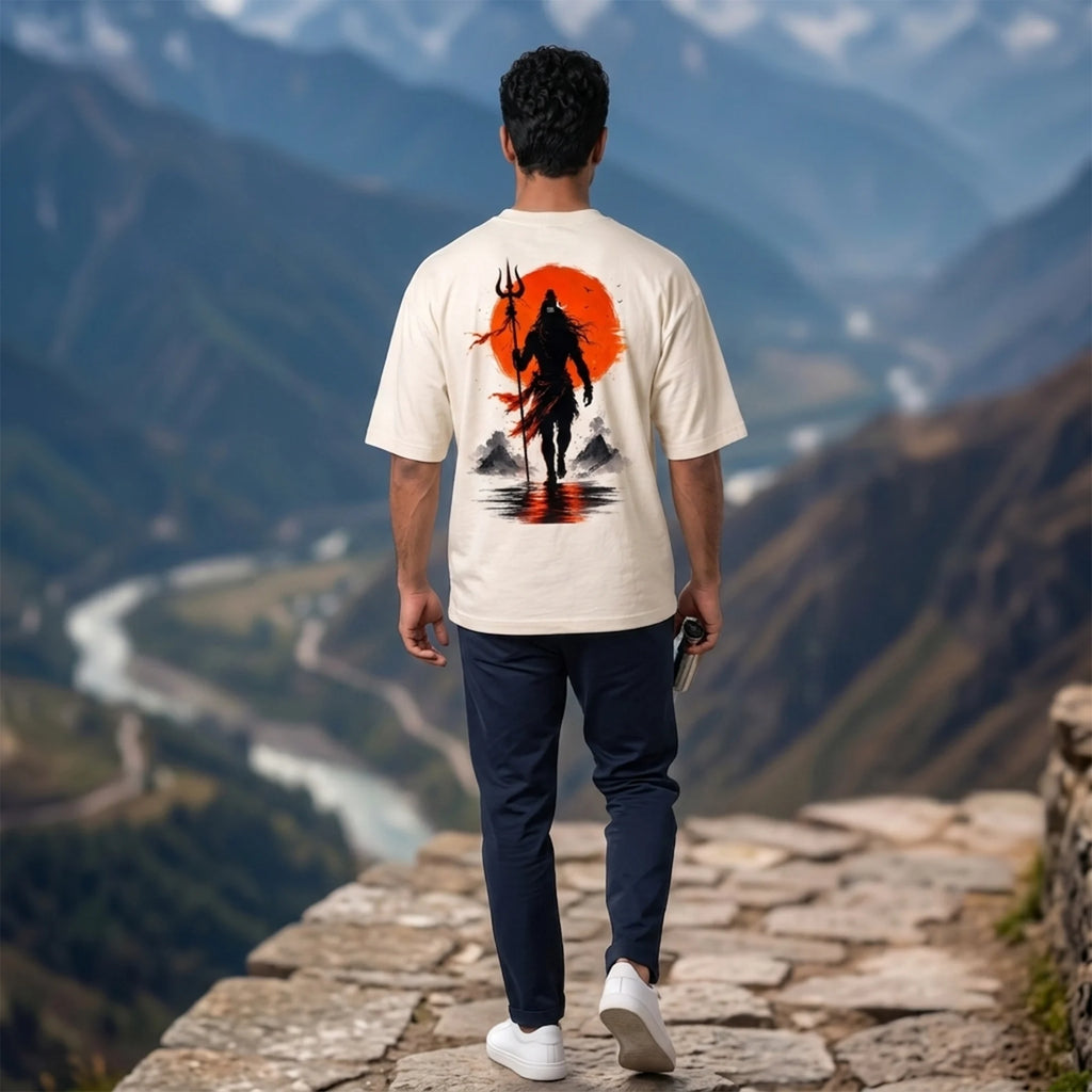 Lord Shiva Mahakal Graphic Printed Oversized T-Shirt | Premium 240 GSM Pure Cotton Breathable Dual-Print Devotional Tee